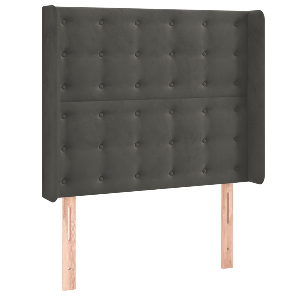 sengegavl med LED-lys 103x16x118/128 cm fløjl mørkegrå