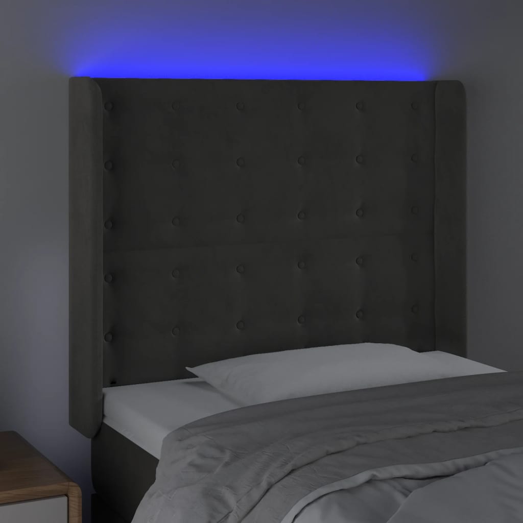 sengegavl med LED-lys 103x16x118/128 cm fløjl mørkegrå