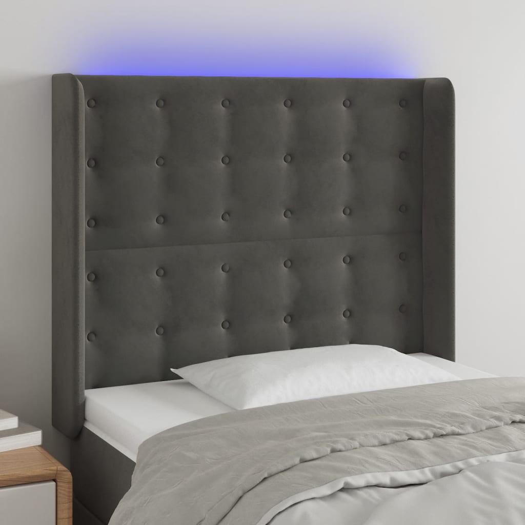 sengegavl med LED-lys 103x16x118/128 cm fløjl mørkegrå