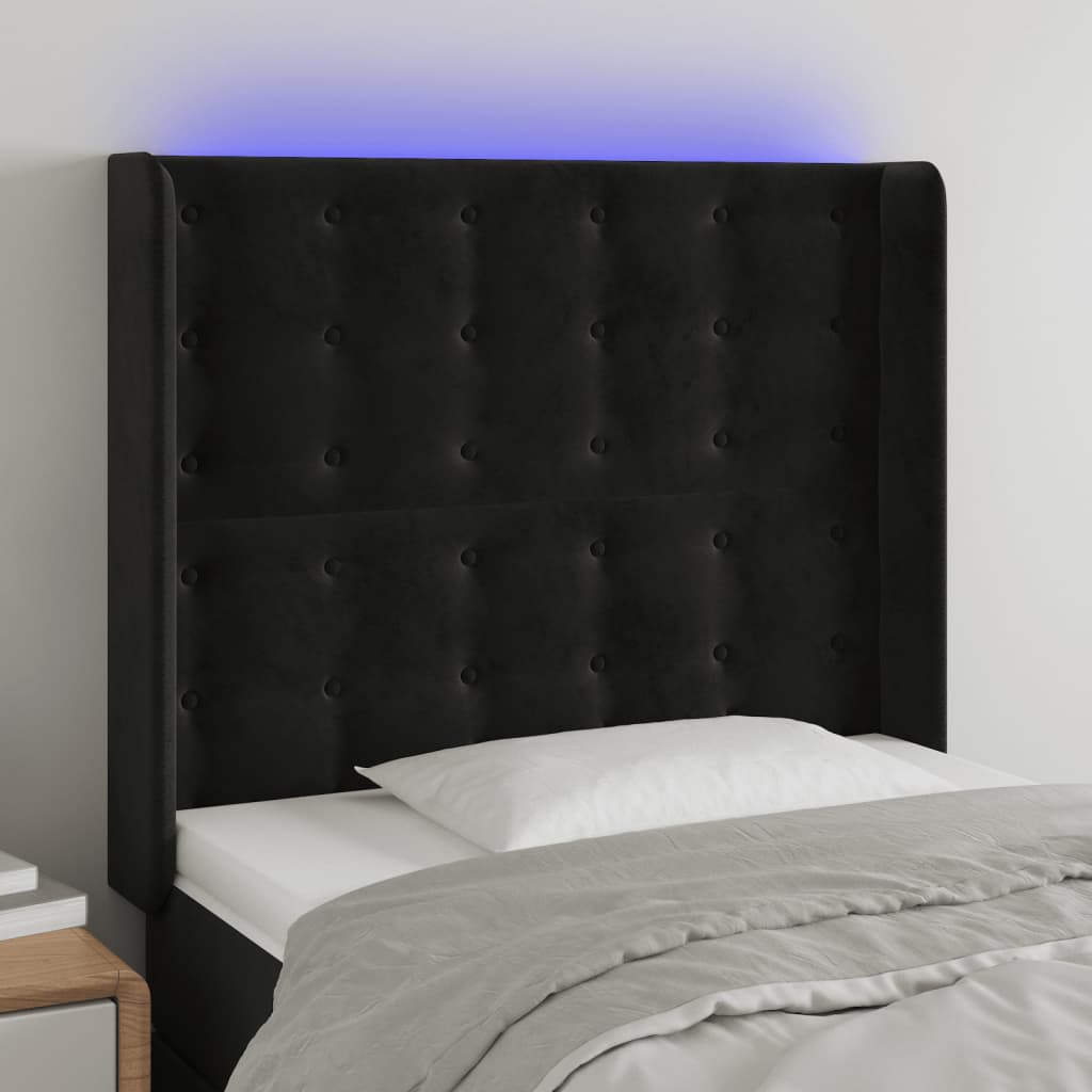 sengegavl med LED-lys 103x16x118/128 cm fløjl sort