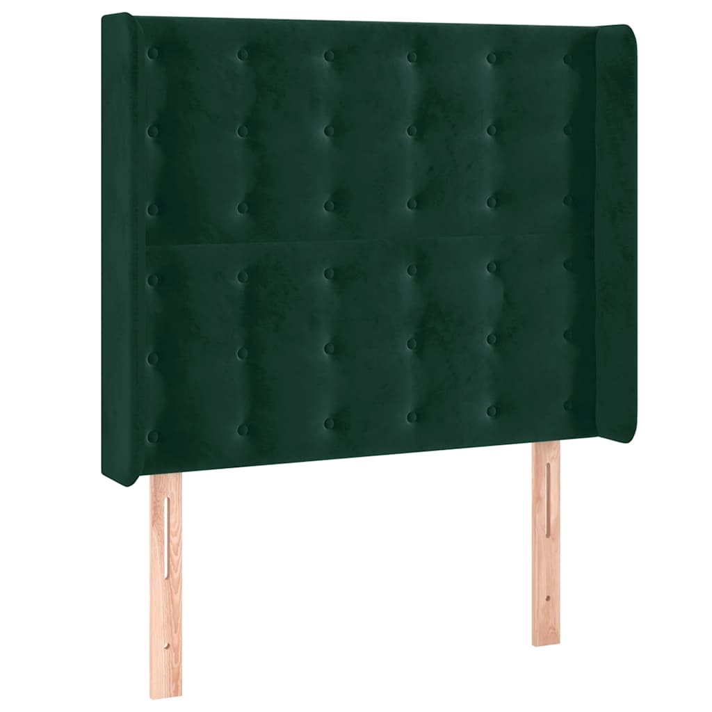 sengegavl med LED-lys 103x16x118/128 cm fløjl mørkegrøn