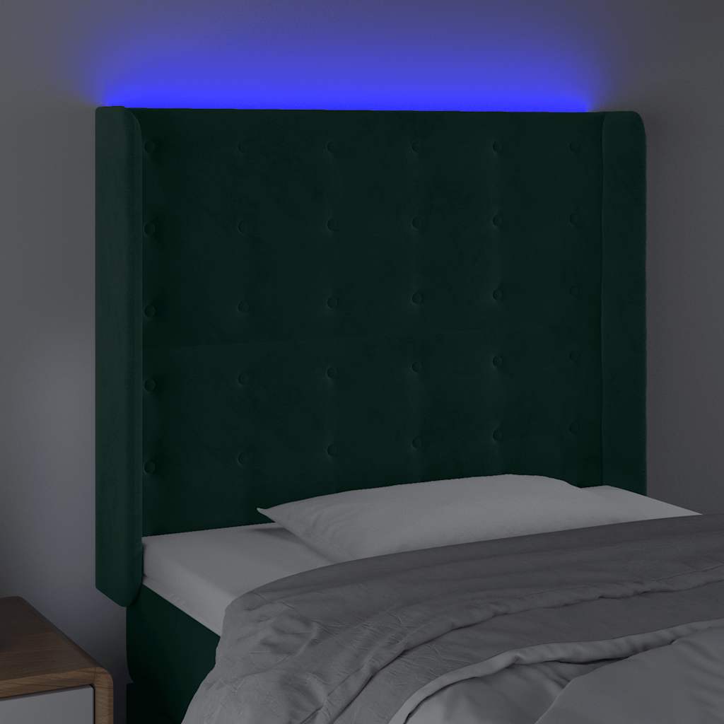 sengegavl med LED-lys 103x16x118/128 cm fløjl mørkegrøn