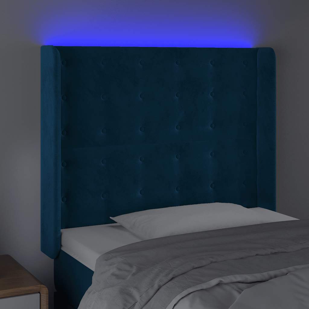 sengegavl med LED-lys 103x16x118/128 cm fløjl mørkeblå