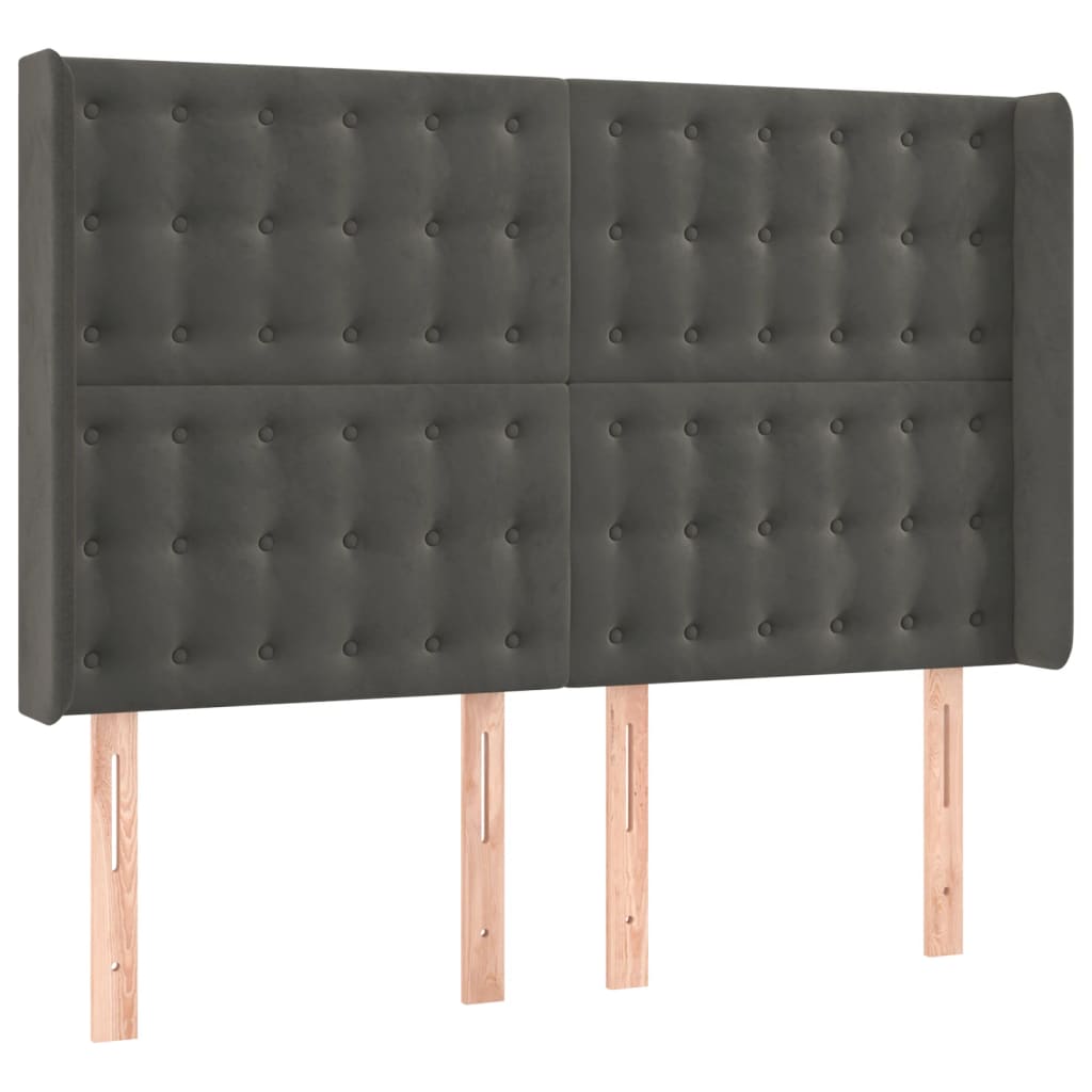 sengegavl med LED-lys 147x16x118/128 cm fløjl mørkegrå