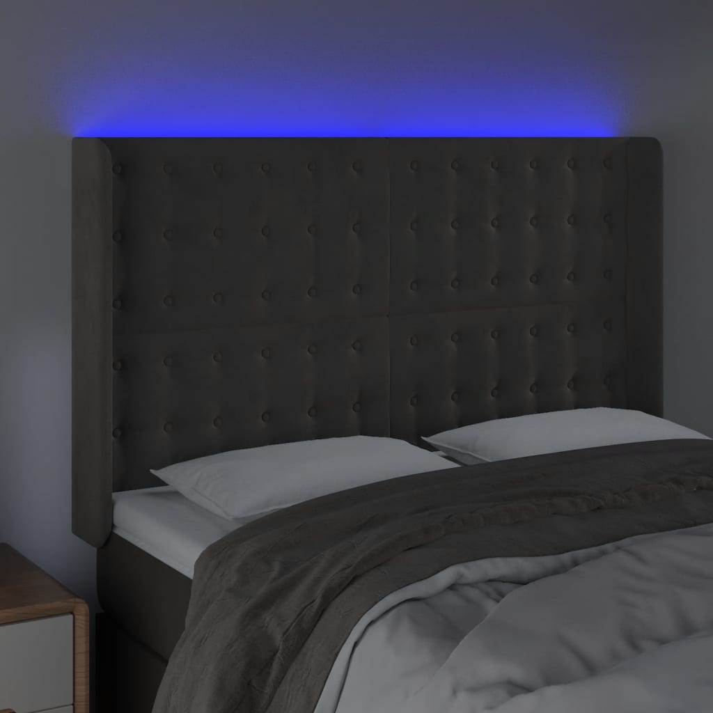 sengegavl med LED-lys 147x16x118/128 cm fløjl mørkegrå