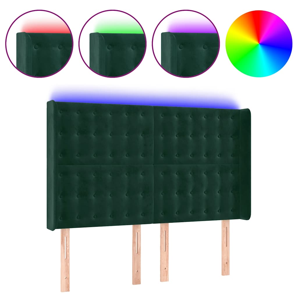 sengegavl med LED-lys 147x16x118/128 cm fløjl mørkegrøn