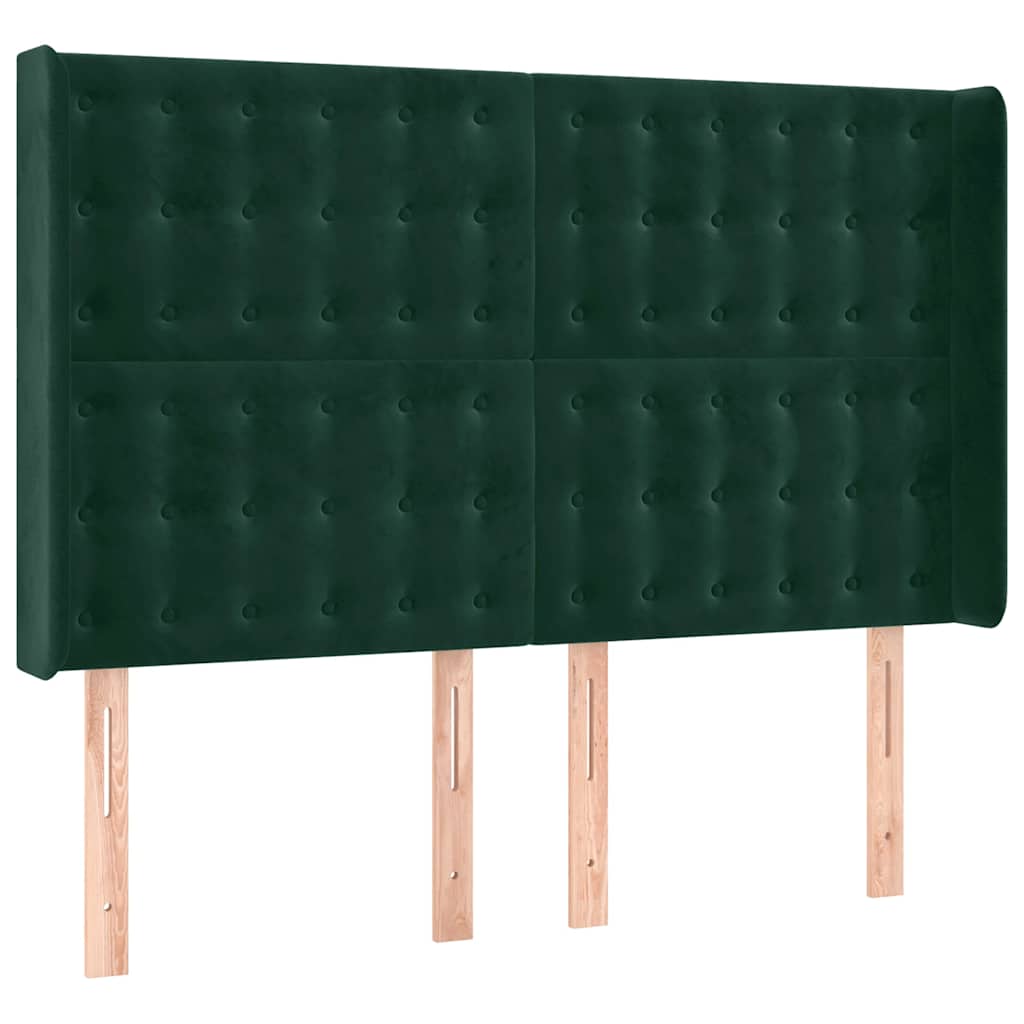 sengegavl med LED-lys 147x16x118/128 cm fløjl mørkegrøn