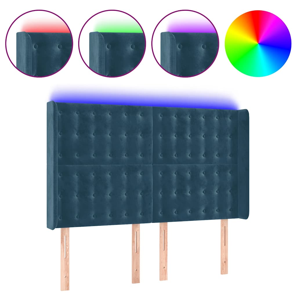 sengegavl med LED-lys 147x16x118/128 cm fløjl mørkeblå