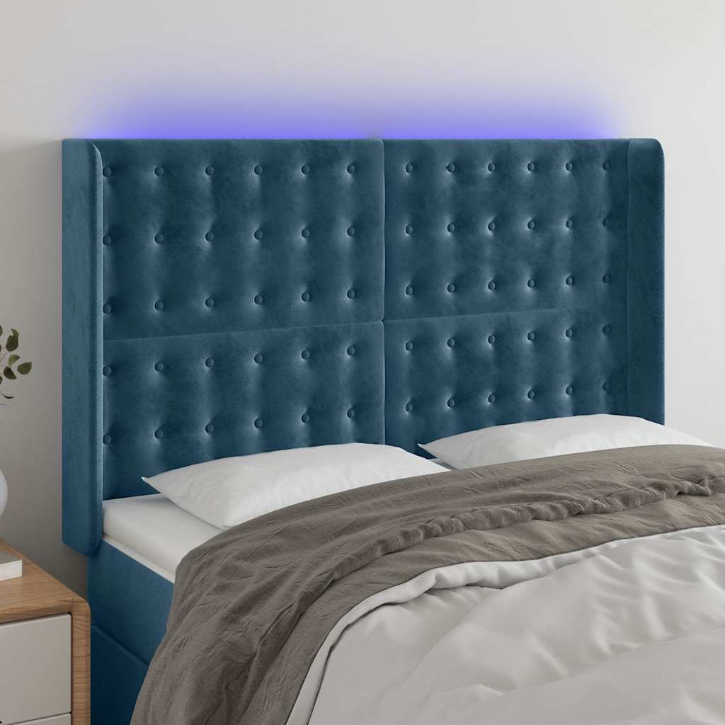 sengegavl med LED-lys 147x16x118/128 cm fløjl mørkeblå