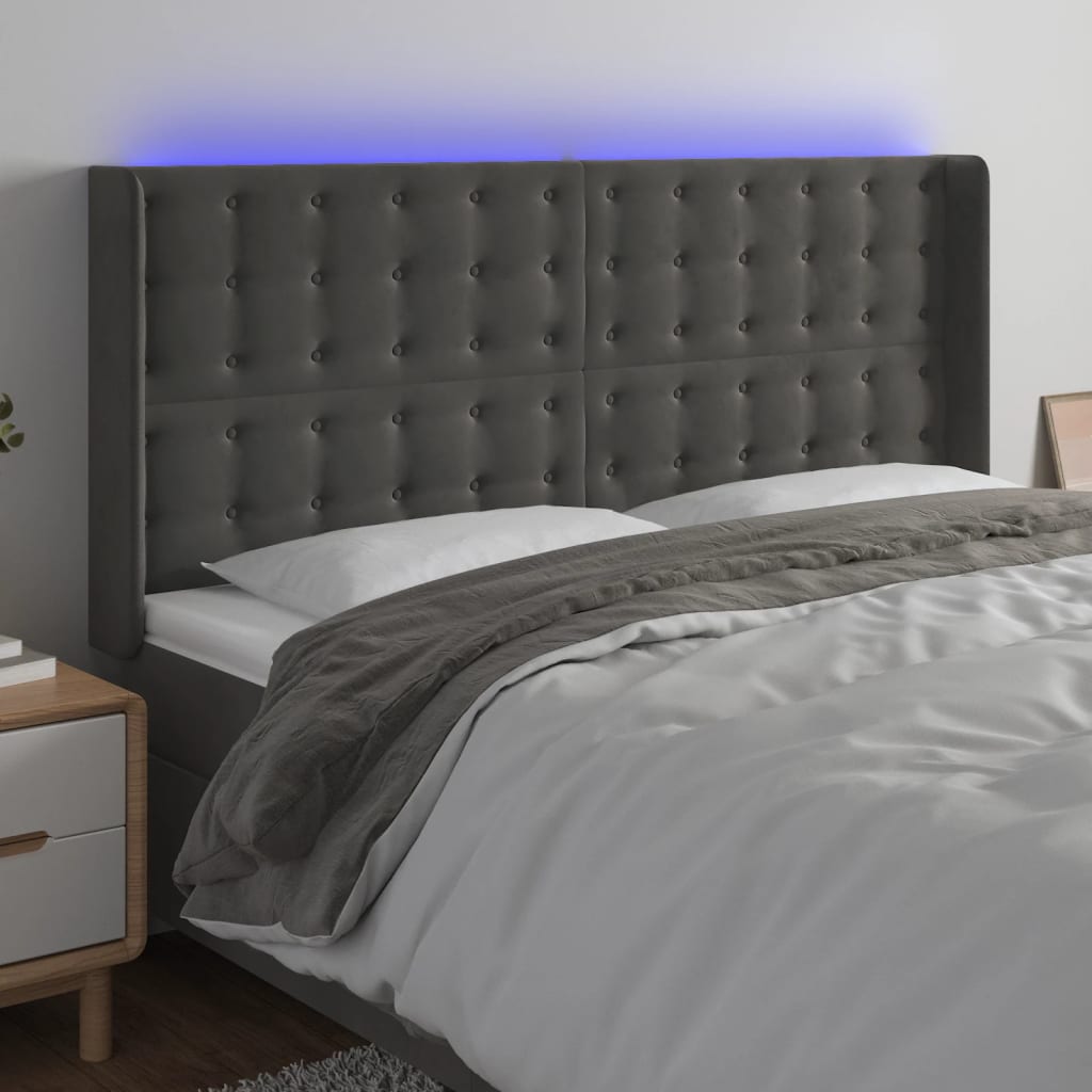 sengegavl med LED-lys 163x16x118/128 cm fløjl mørkegrå