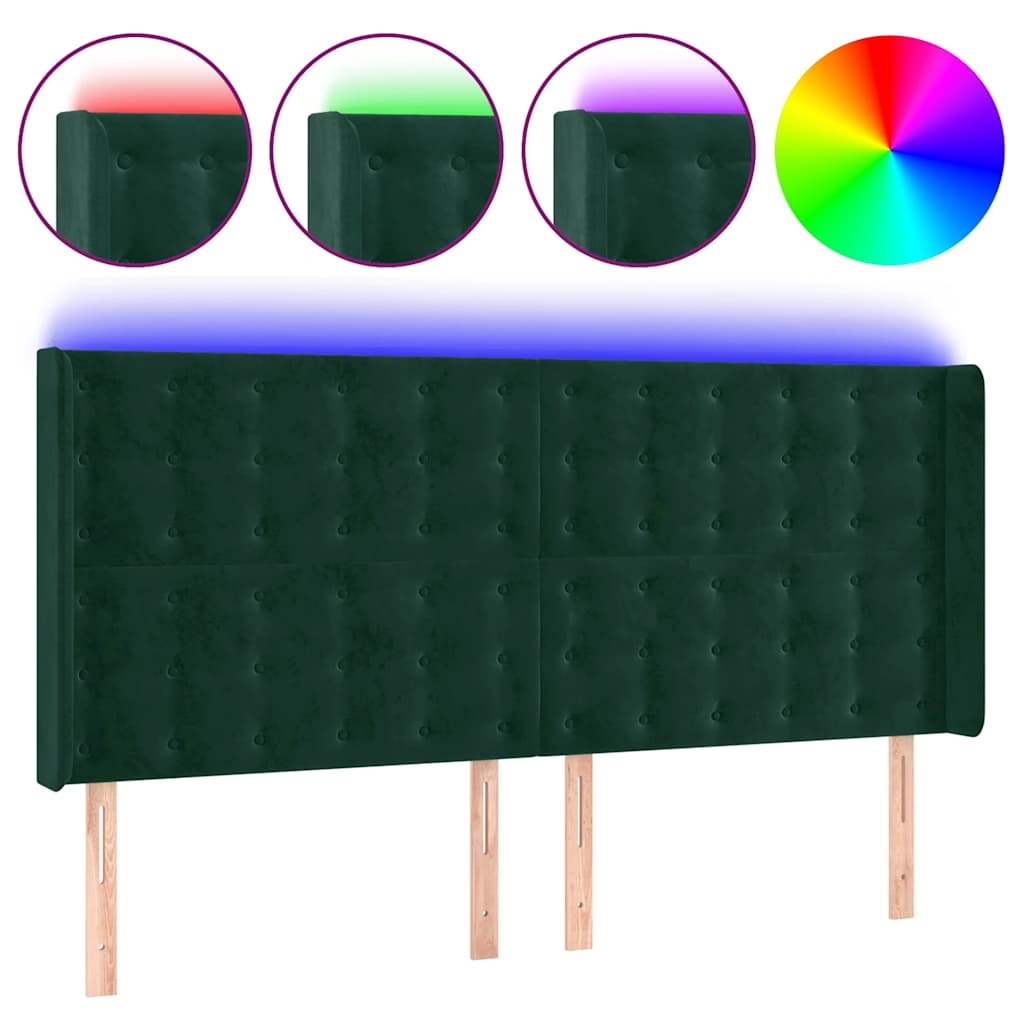 sengegavl med LED-lys 163x16x118/128 cm fløjl mørkegrøn