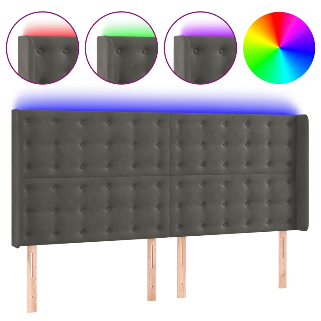 sengegavl med LED-lys 183x16x118/128 cm fløjl mørkegrå