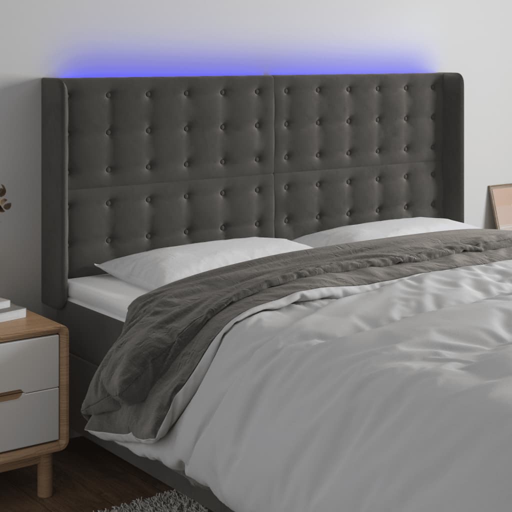 sengegavl med LED-lys 183x16x118/128 cm fløjl mørkegrå