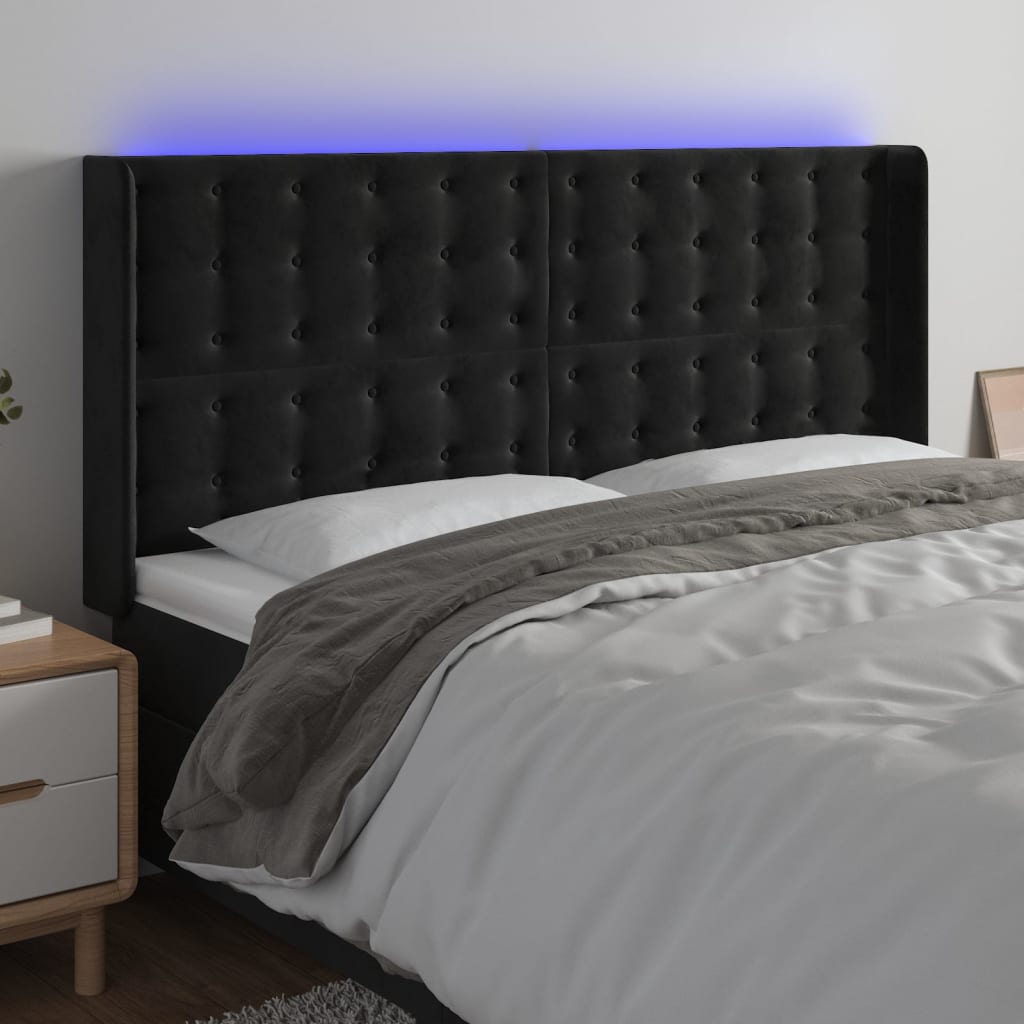 sengegavl med LED-lys 183x16x118/128 cm fløjl sort