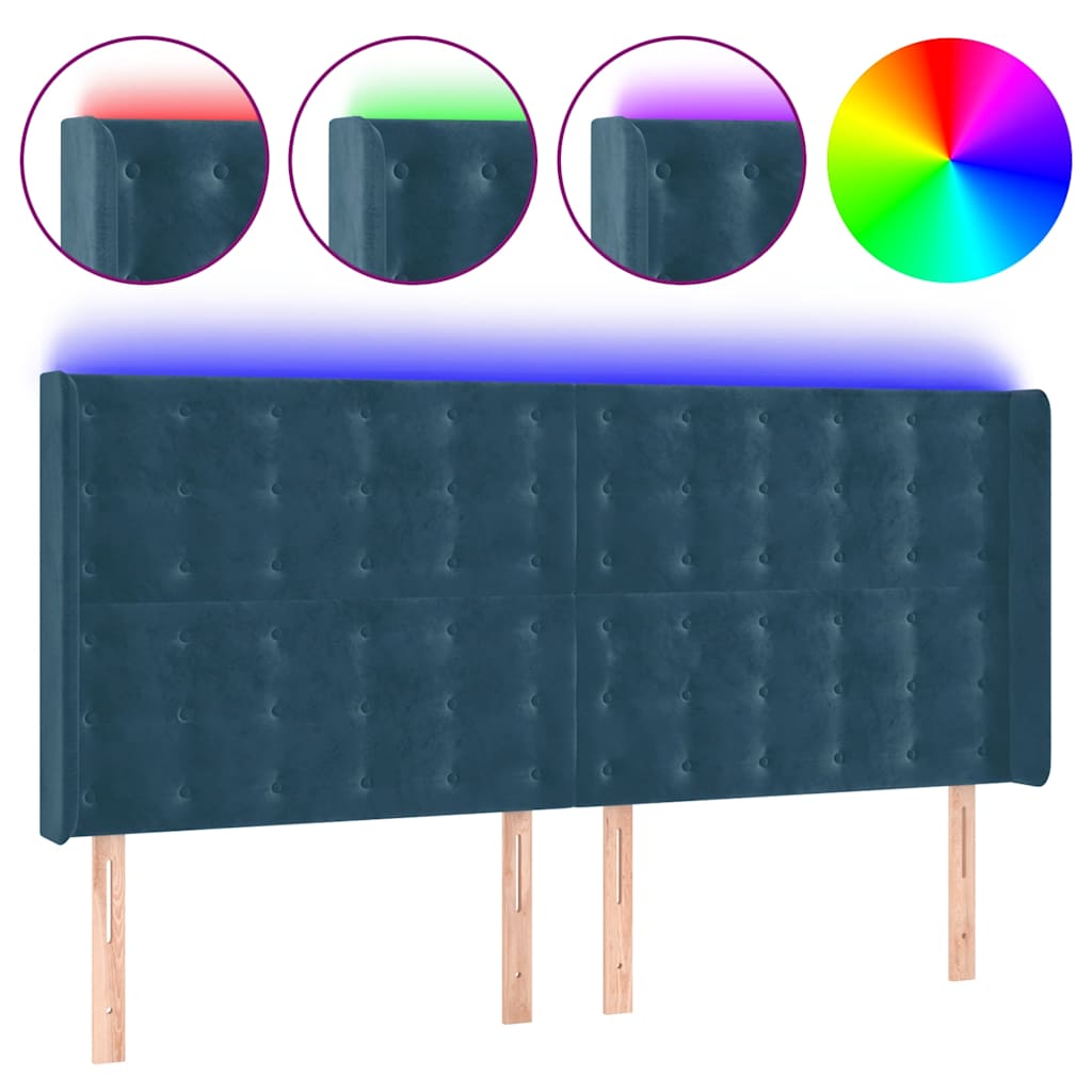 sengegavl med LED-lys 183x16x118/128 cm fløjl mørkeblå