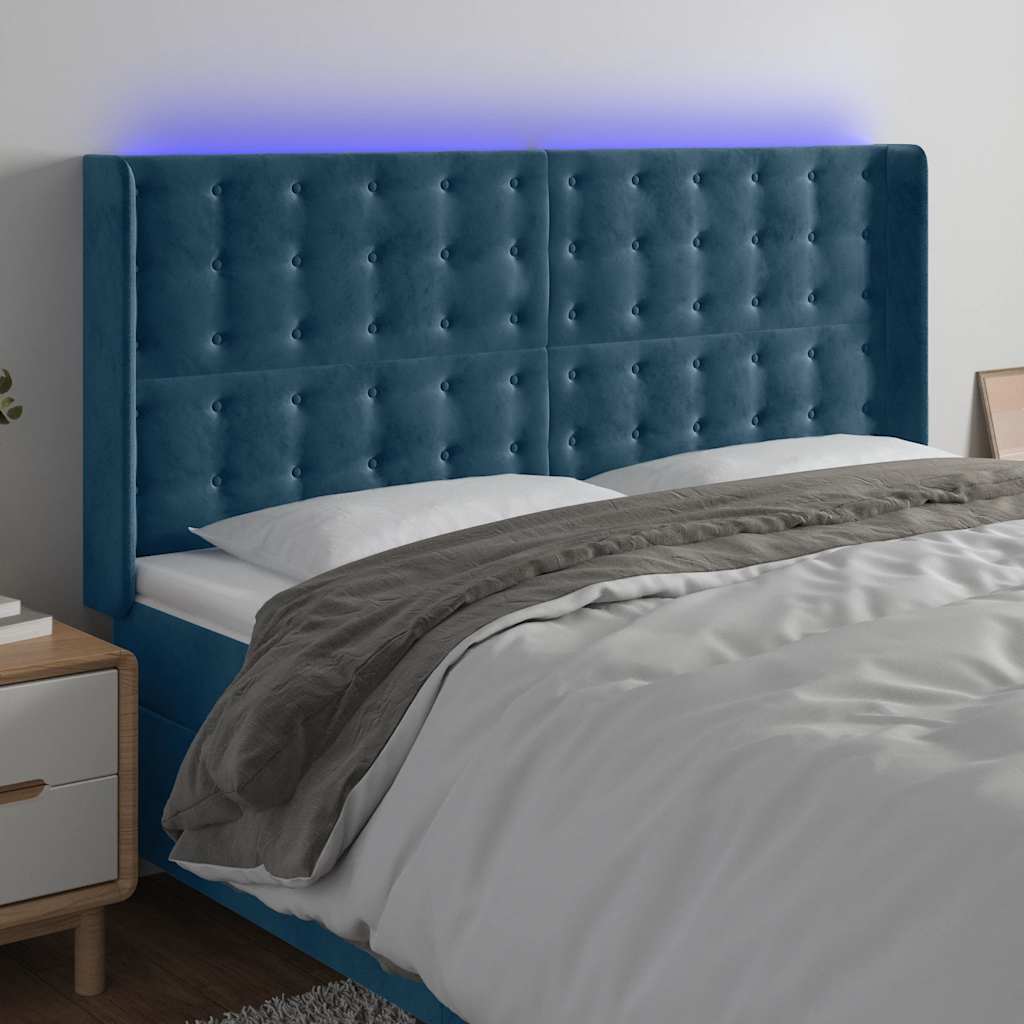 sengegavl med LED-lys 183x16x118/128 cm fløjl mørkeblå