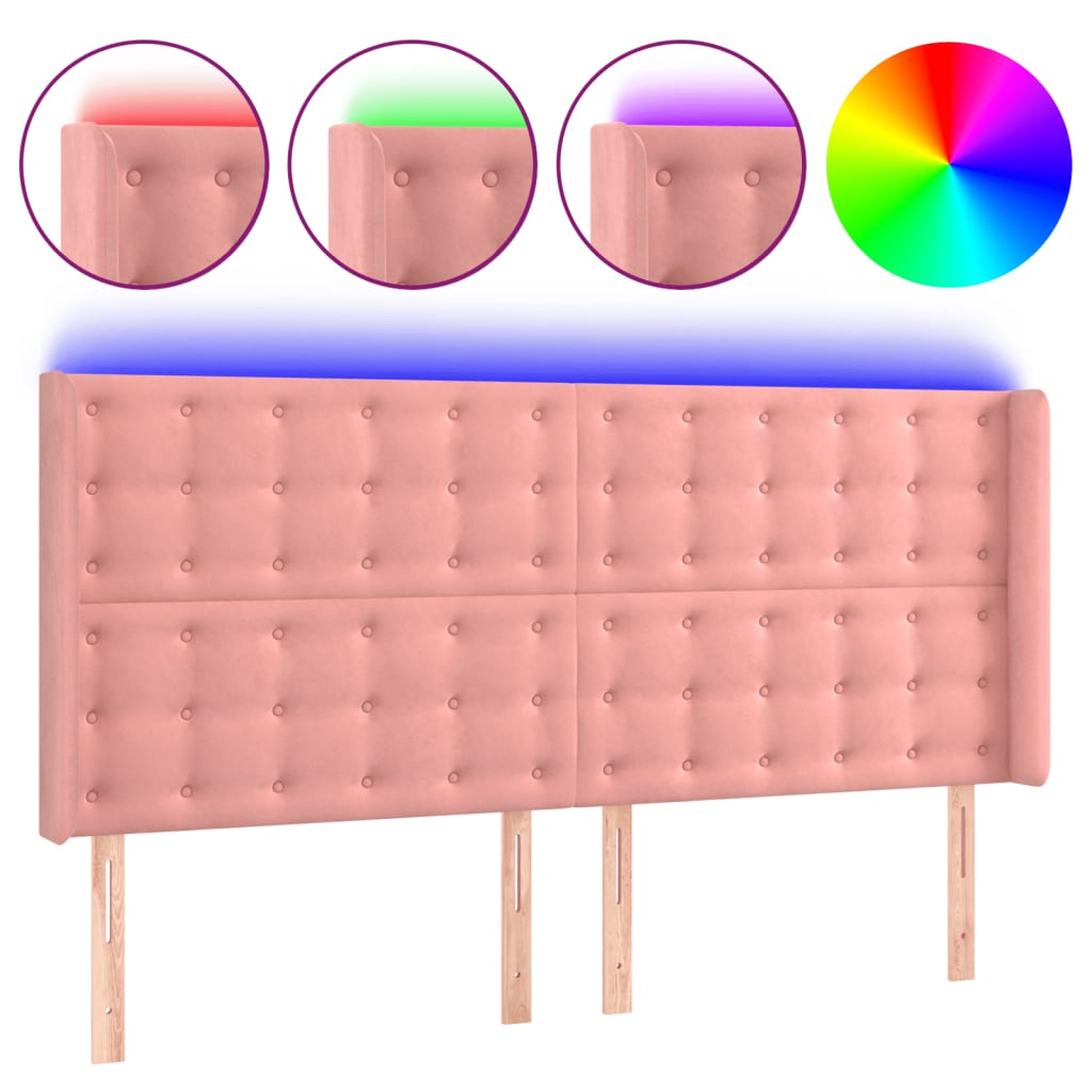 sengegavl med LED-lys 183x16x118/128 cm fløjl lyserød