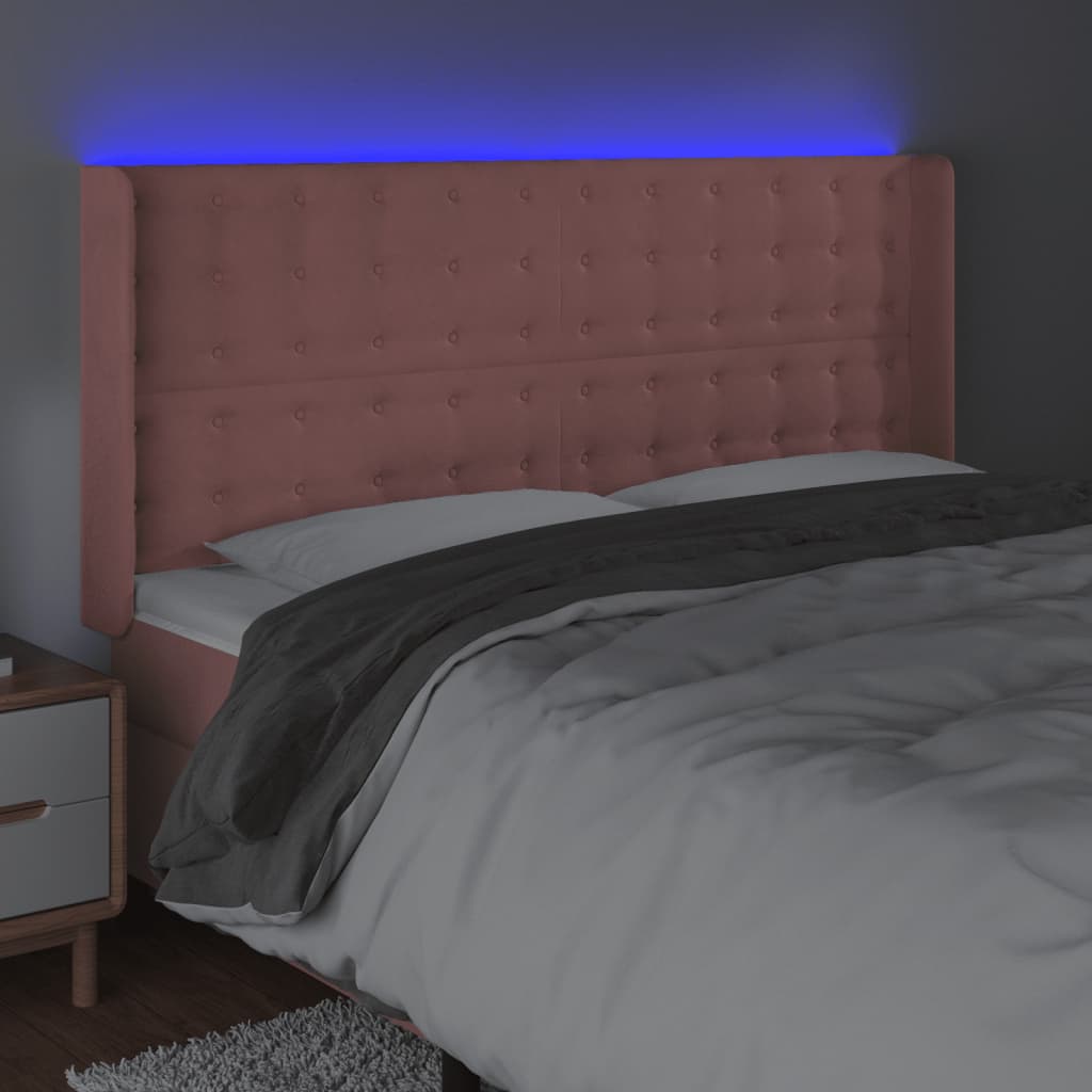 sengegavl med LED-lys 183x16x118/128 cm fløjl lyserød