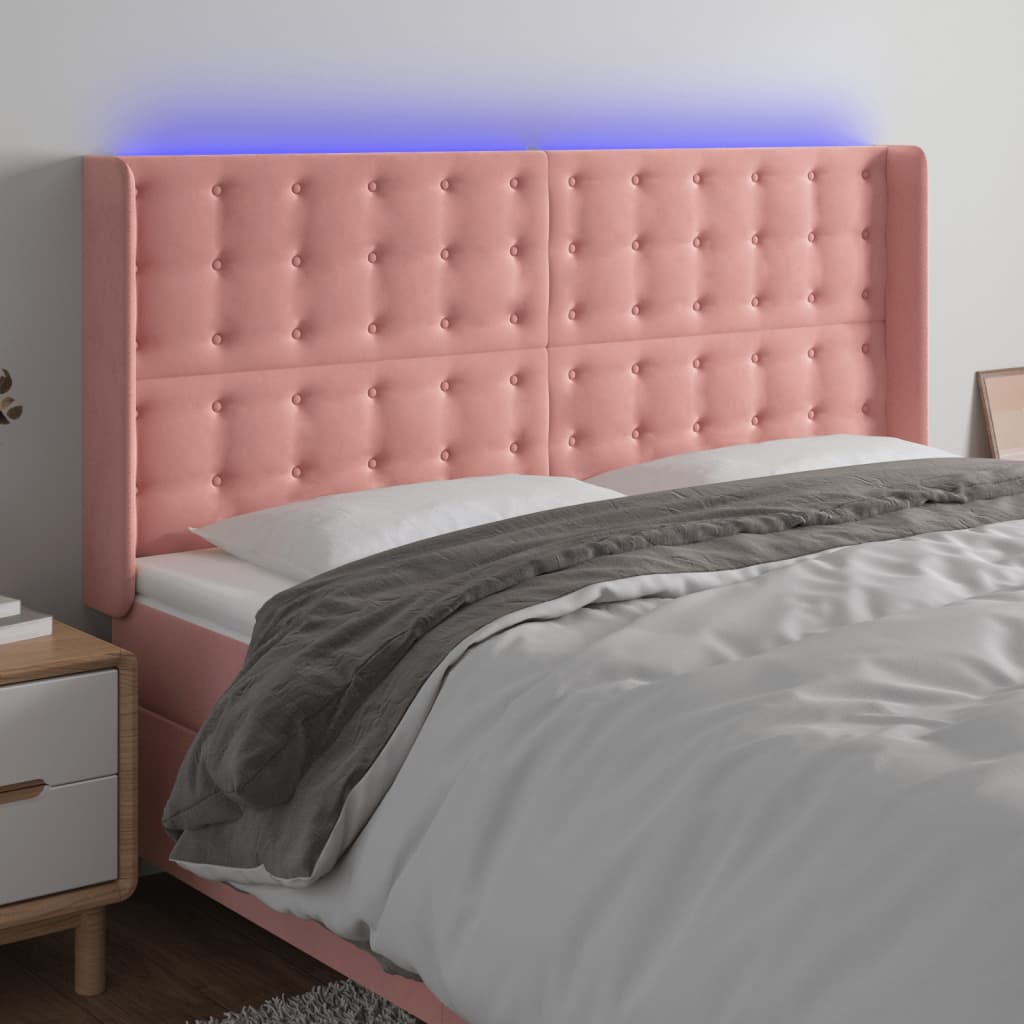 sengegavl med LED-lys 183x16x118/128 cm fløjl lyserød