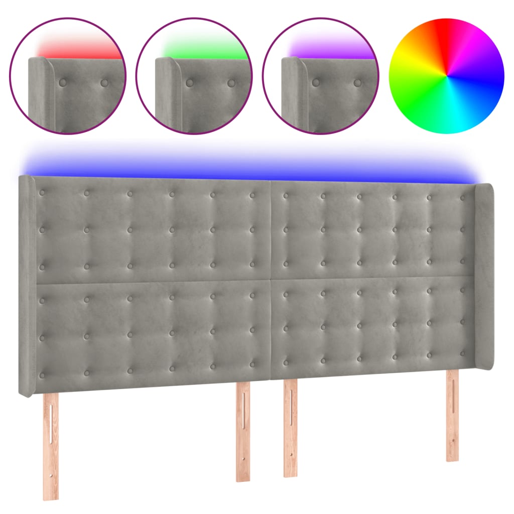 sengegavl med LED-lys 203x16x118/128 cm fløjl lysegrå