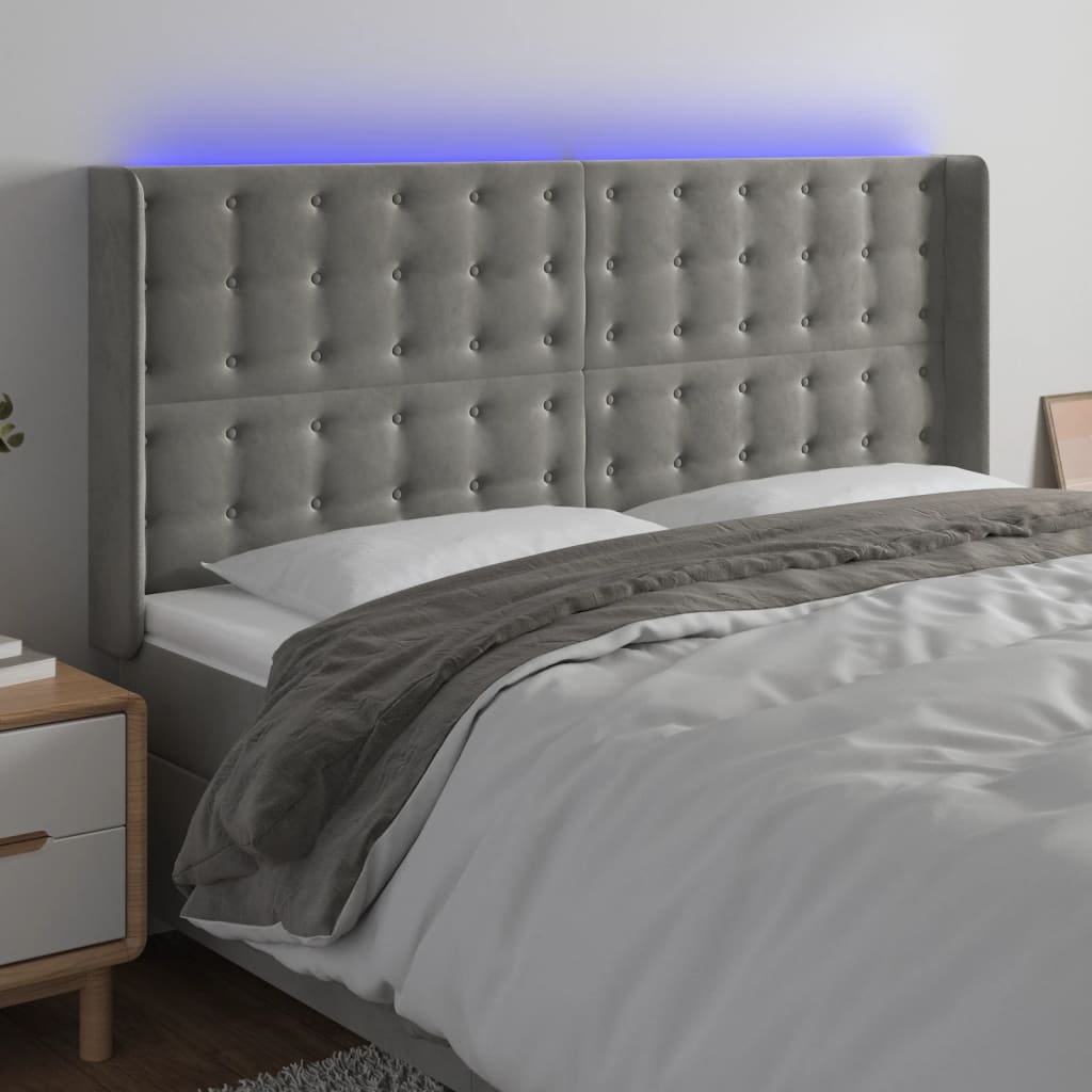 sengegavl med LED-lys 203x16x118/128 cm fløjl lysegrå
