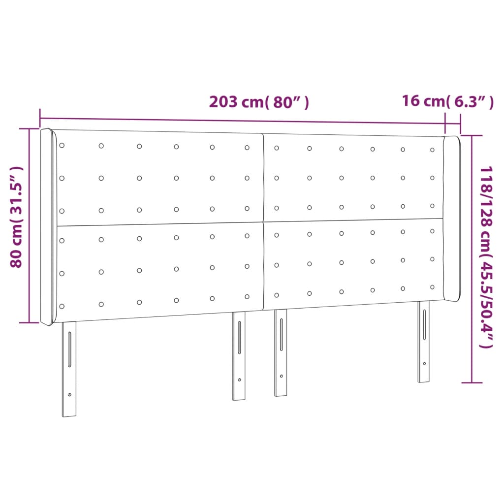 sengegavl med LED-lys 203x16x118/128 cm fløjl mørkegrå