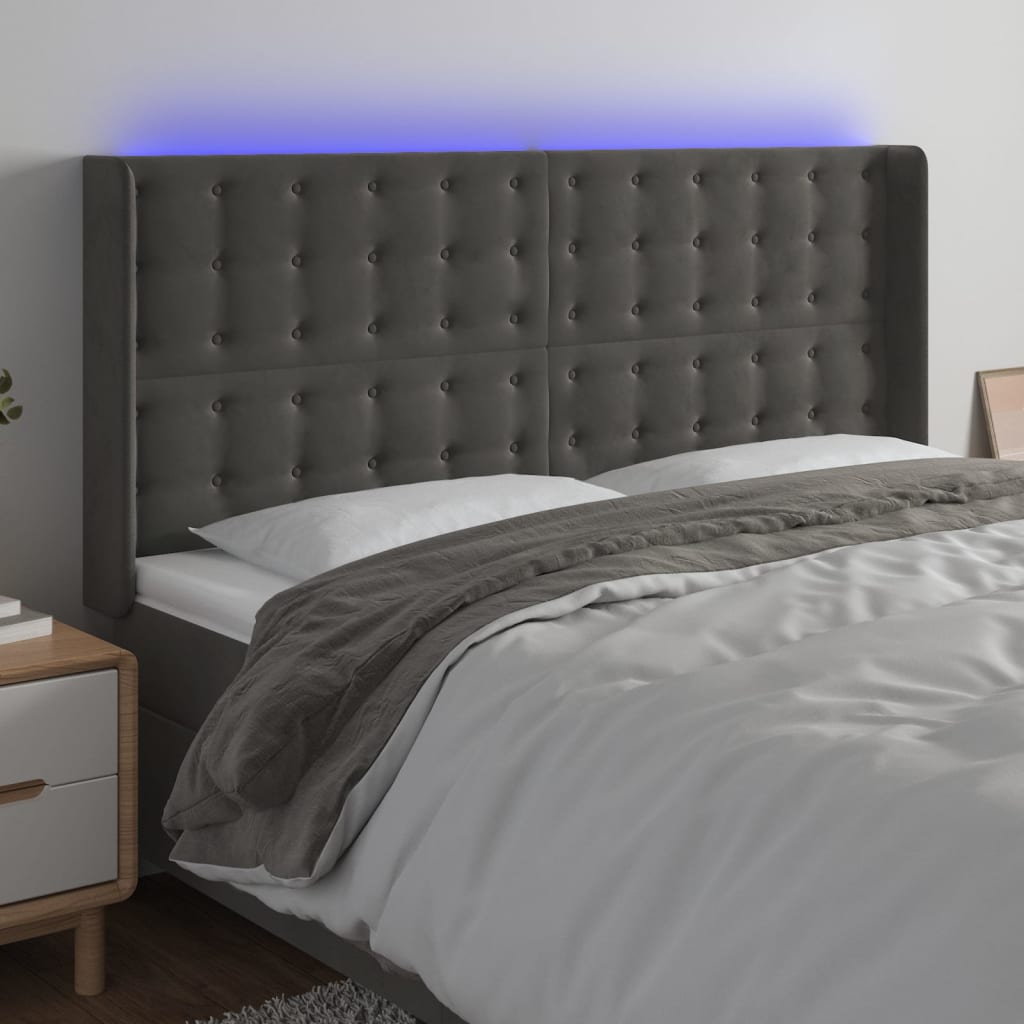 sengegavl med LED-lys 203x16x118/128 cm fløjl mørkegrå