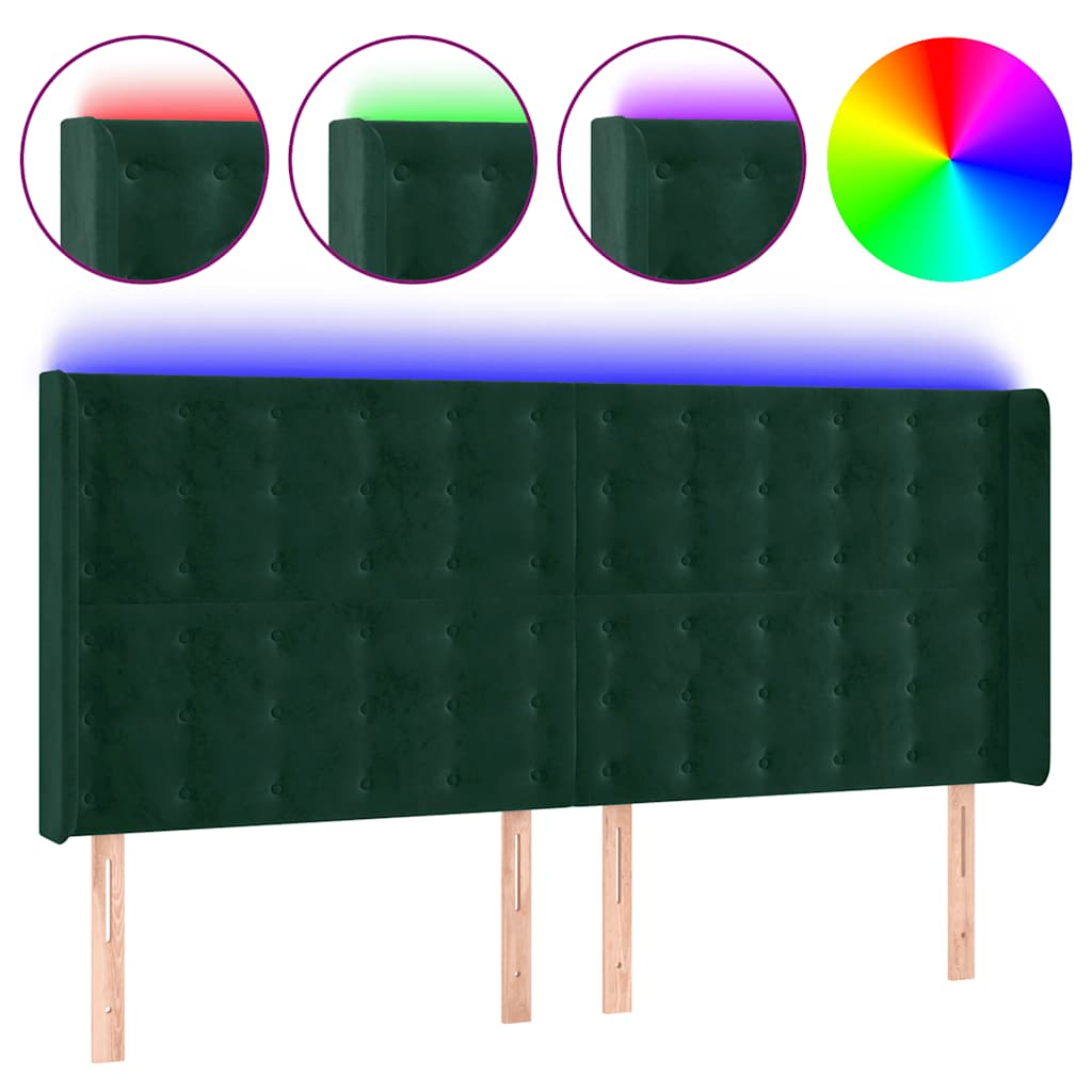 sengegavl med LED-lys 203x16x118/128 cm fløjl mørkegrøn