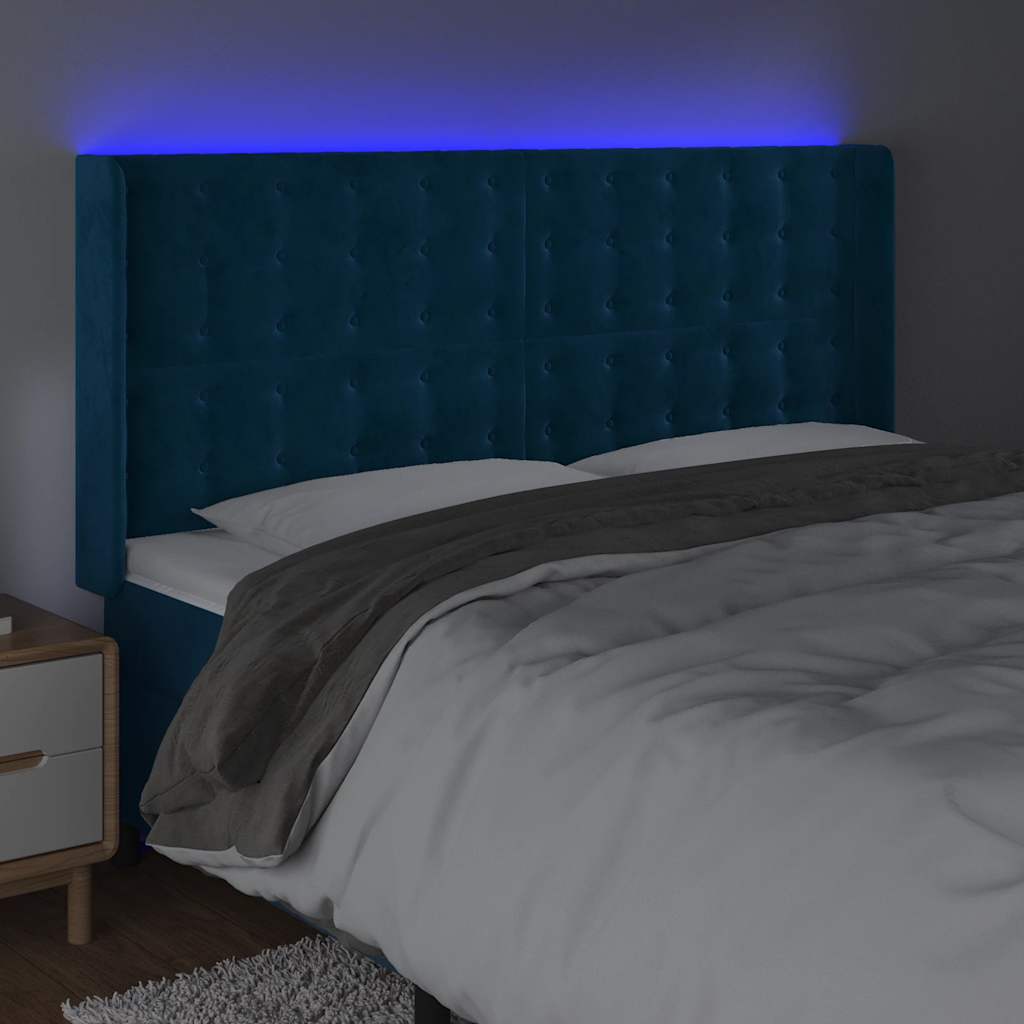 sengegavl med LED-lys 203x16x118/128 cm fløjl mørkeblå