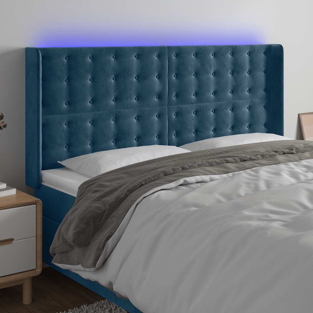 sengegavl med LED-lys 203x16x118/128 cm fløjl mørkeblå
