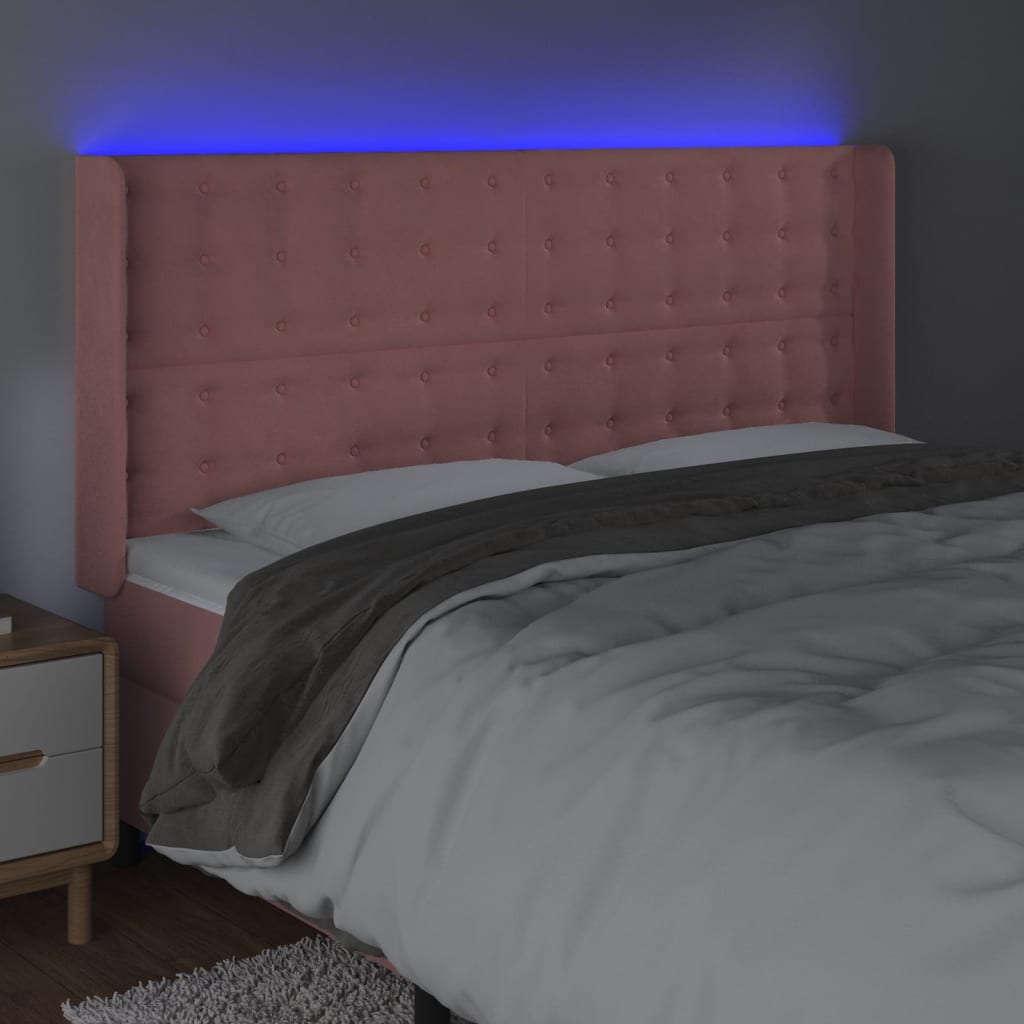 sengegavl med LED-lys 203x16x118/128 cm fløjl lyserød