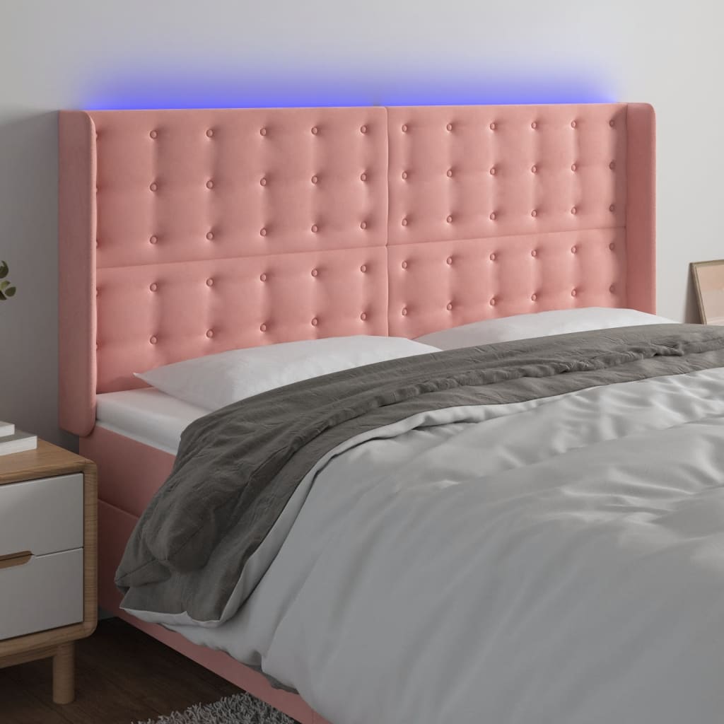 sengegavl med LED-lys 203x16x118/128 cm fløjl lyserød