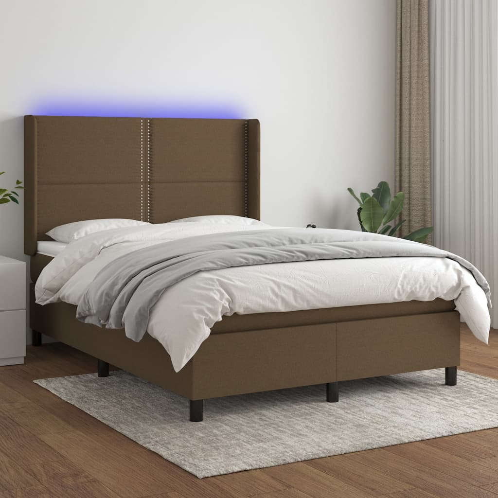 kontinentalseng med LED-lys 140x190 cm stof mørkebrun