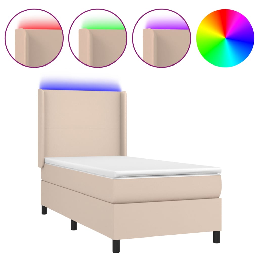 kontinentalseng LED-lys 90x190 cm kunstlæder cappuccinofarvet