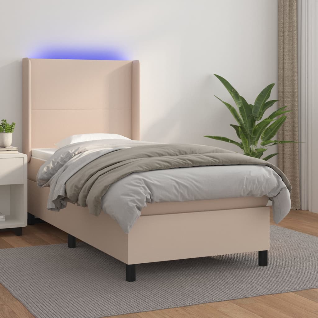 kontinentalseng LED-lys 90x190 cm kunstlæder cappuccinofarvet
