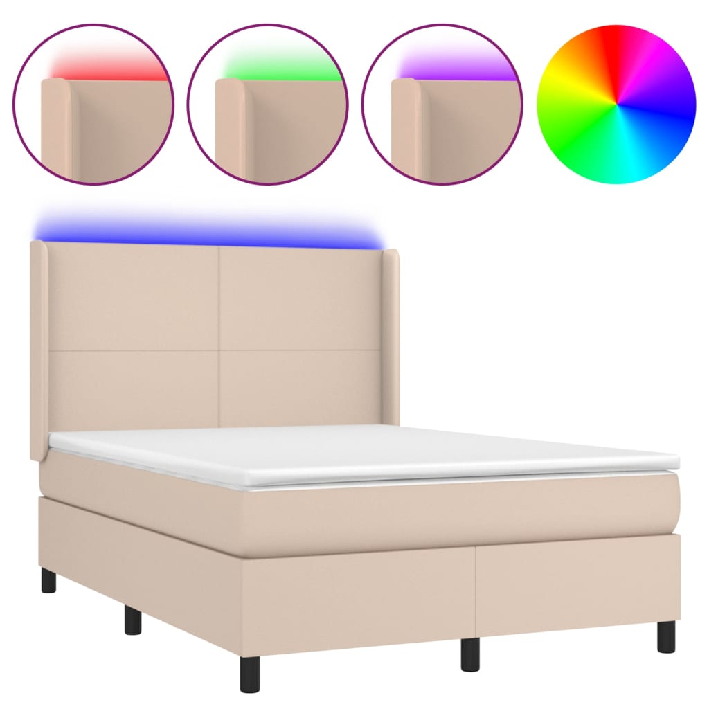 kontinentalseng LED-lys 140x190 cm kunstlæder cappuccinofarvet