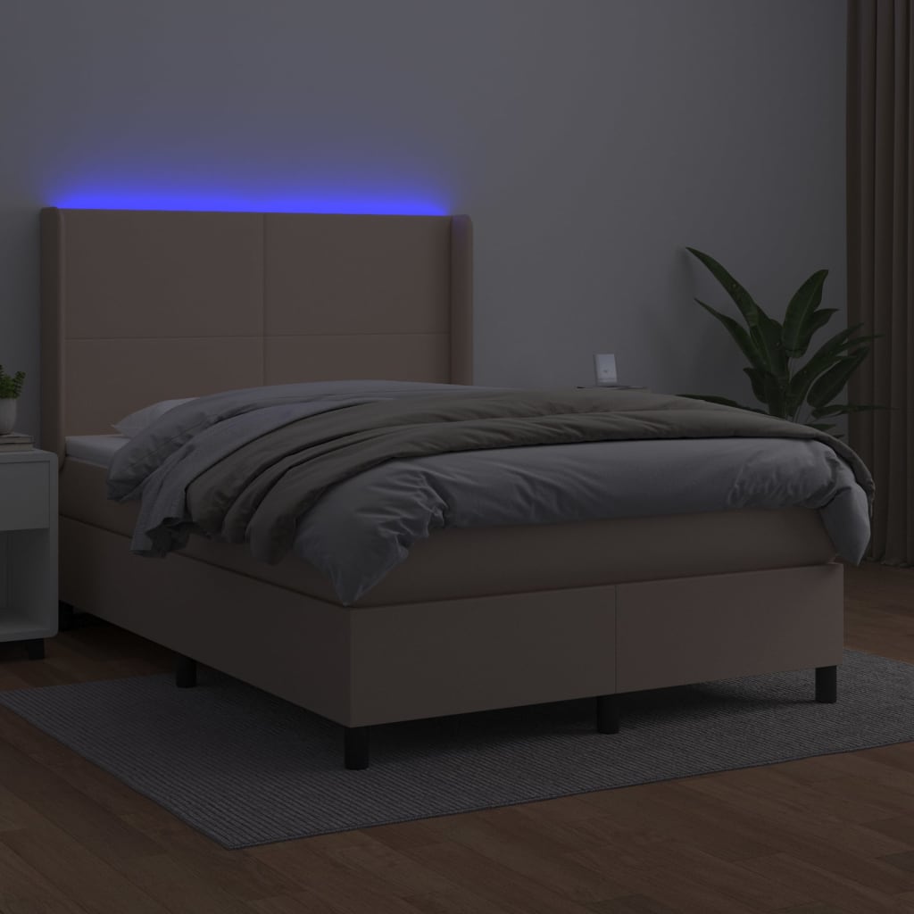 kontinentalseng LED-lys 140x190 cm kunstlæder cappuccinofarvet