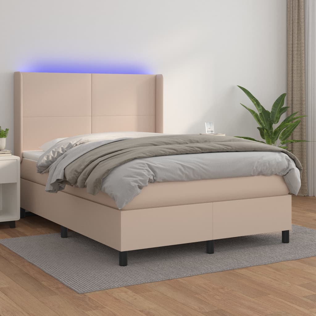 kontinentalseng LED-lys 140x200 cm kunstlæder cappuccinofarvet