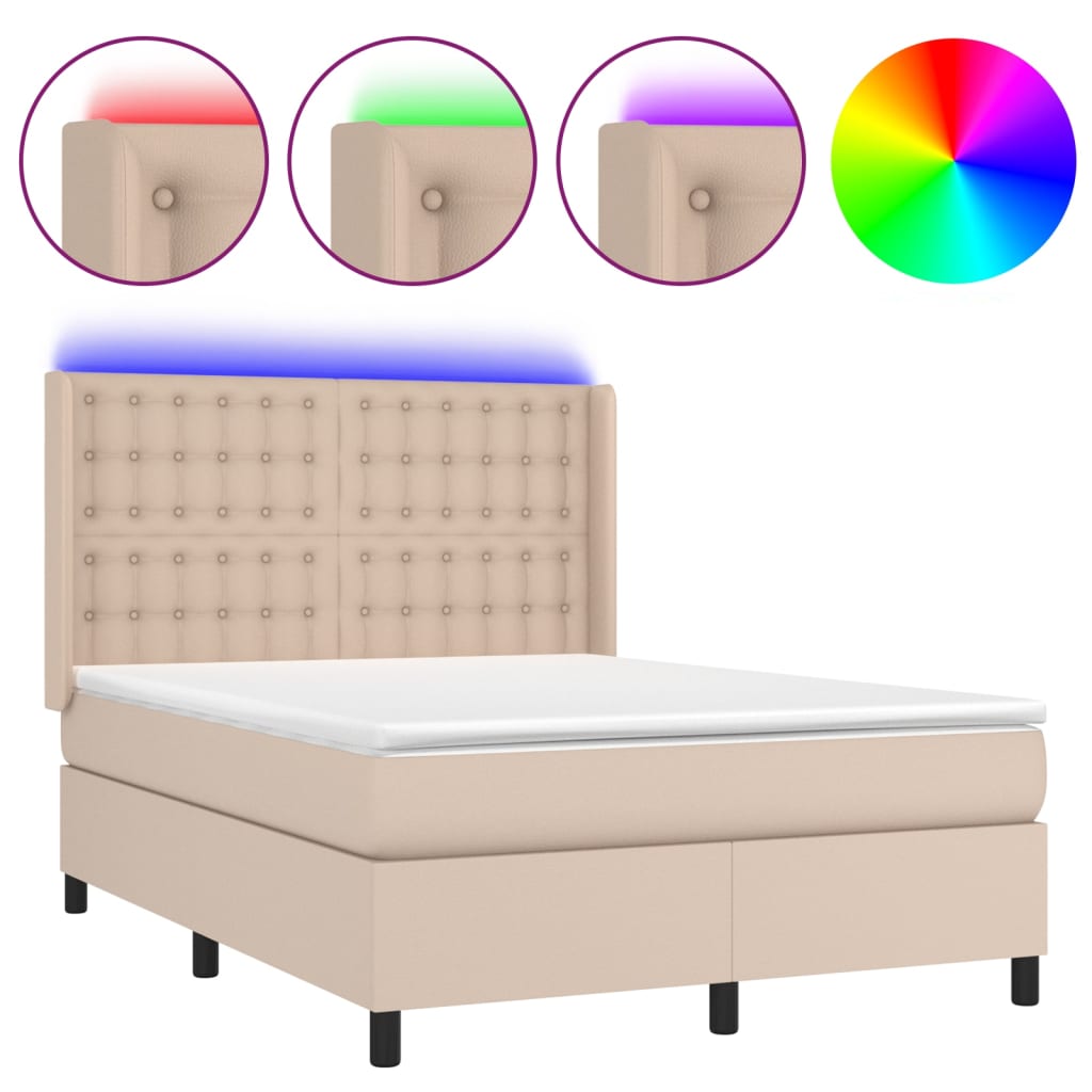 kontinentalseng LED-lys 140x190 cm kunstlæder cappuccinofarvet