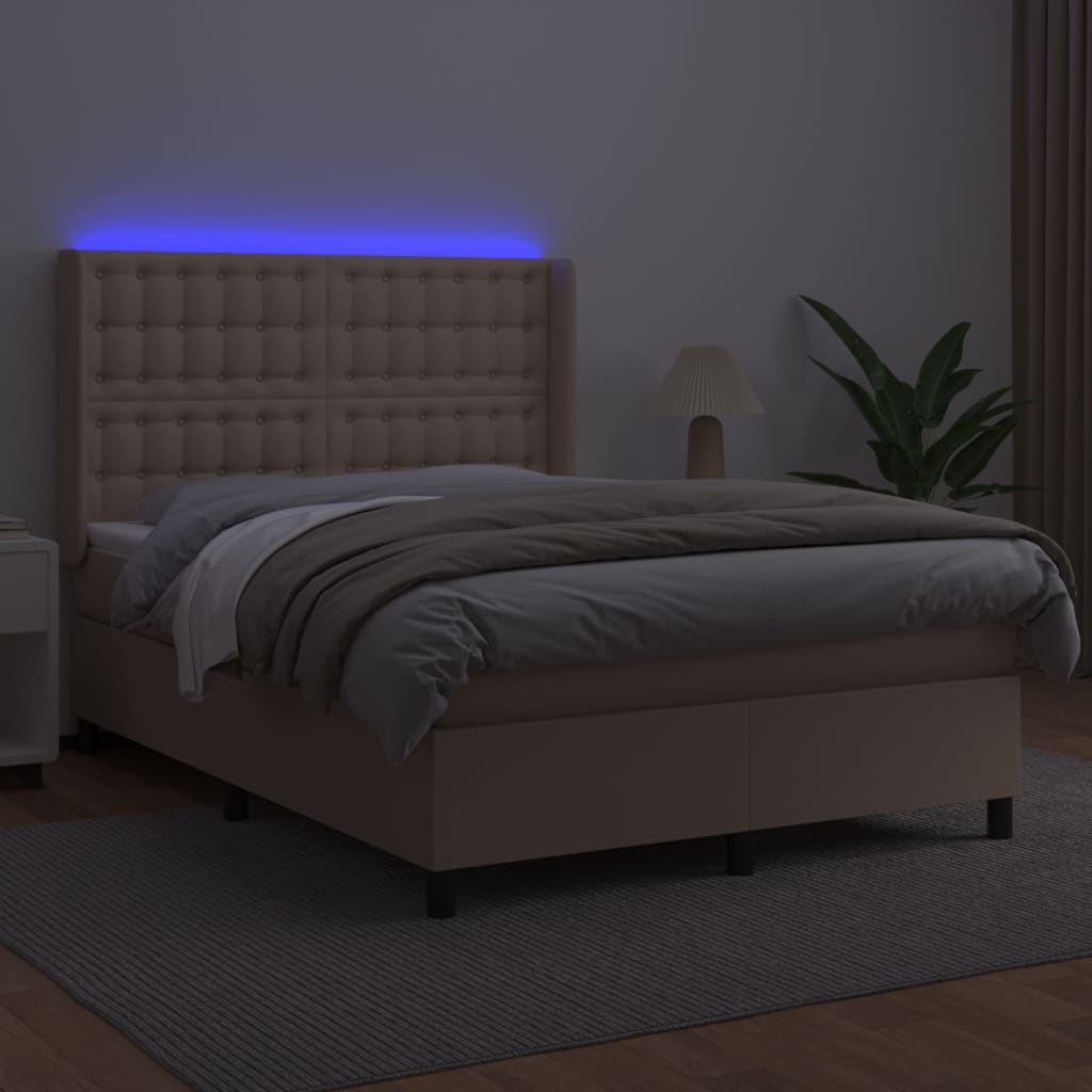 kontinentalseng LED-lys 140x200 cm kunstlæder cappuccinofarvet