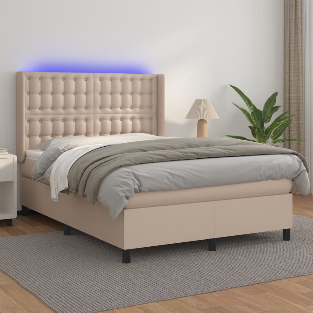 kontinentalseng LED-lys 140x200 cm kunstlæder cappuccinofarvet