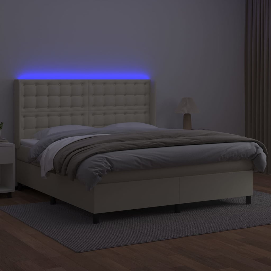 kontinentalseng med LED-lys 180x200 cm kunstlæder cremefarvet