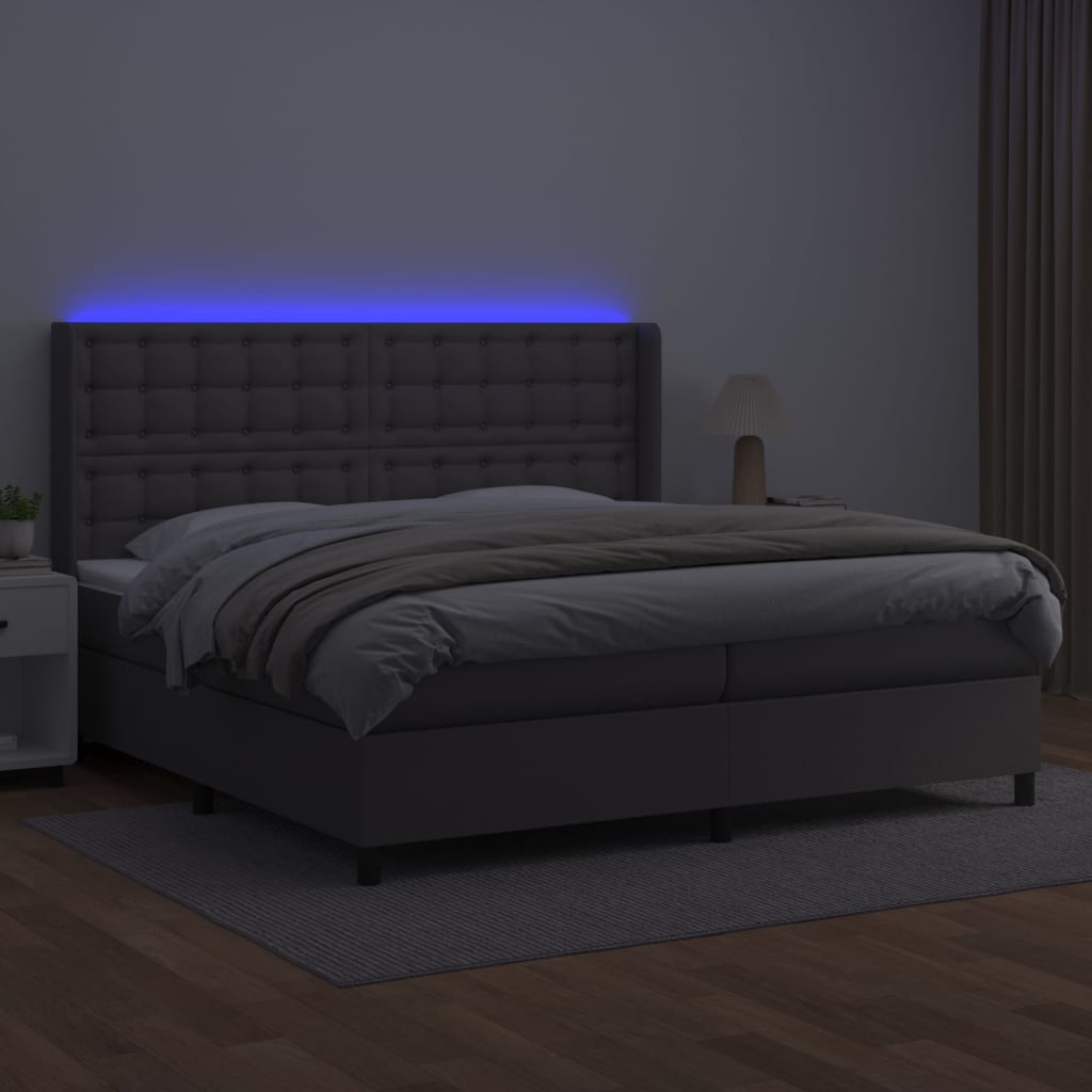 kontinentalseng med LED-lys 200x200 cm kunstlæder grå