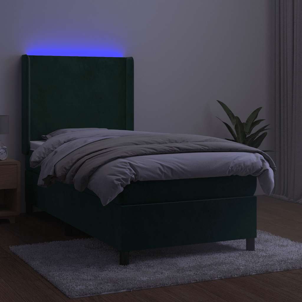 kontinentalseng med LED-lys 90x190 cm fløjl mørkegrøn