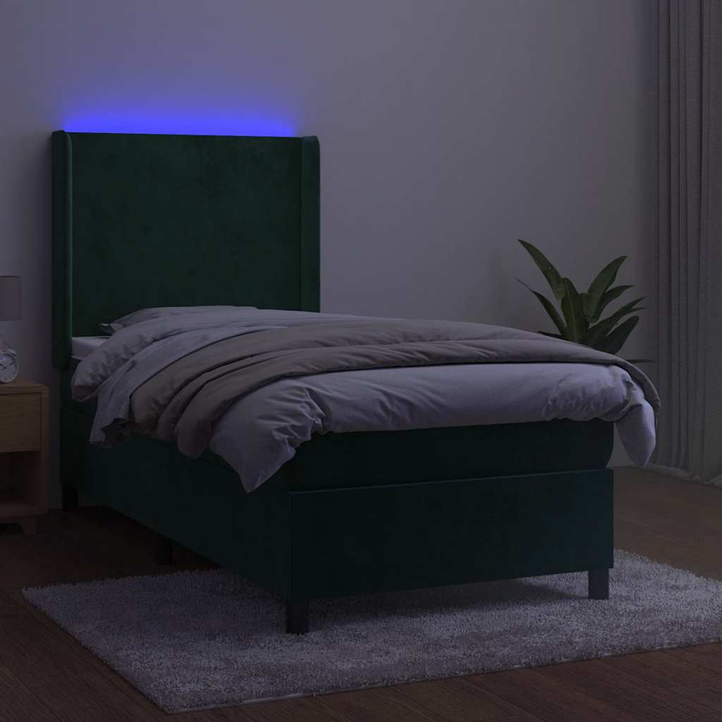 kontinentalseng med LED-lys 90x200 cm fløjl mørkegrøn