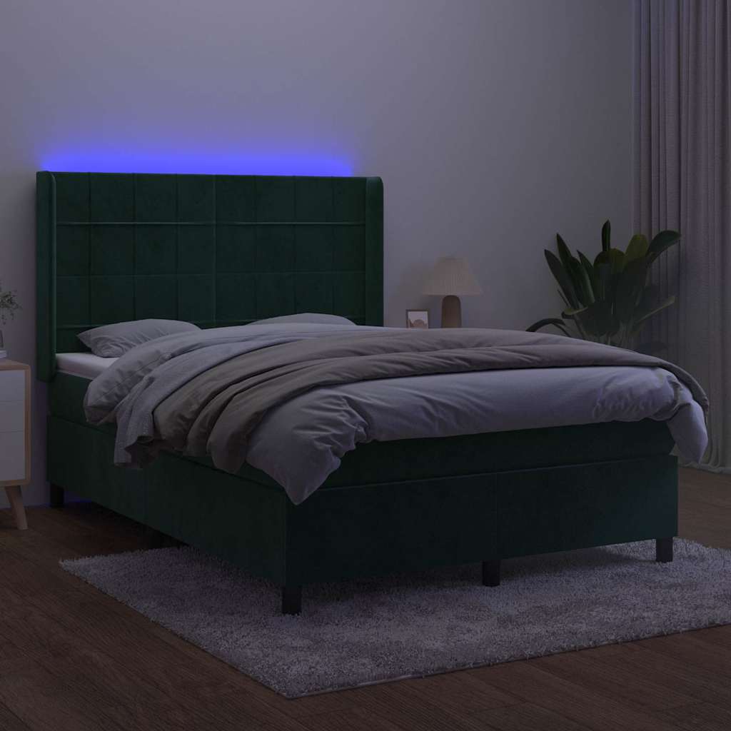 kontinentalseng med LED-lys 140x200 cm fløjl mørkegrøn