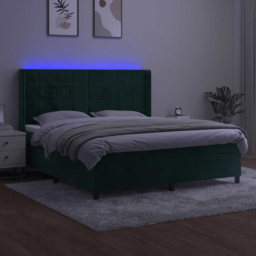 kontinentalseng med LED-lys 160x200 cm fløjl mørkegrøn