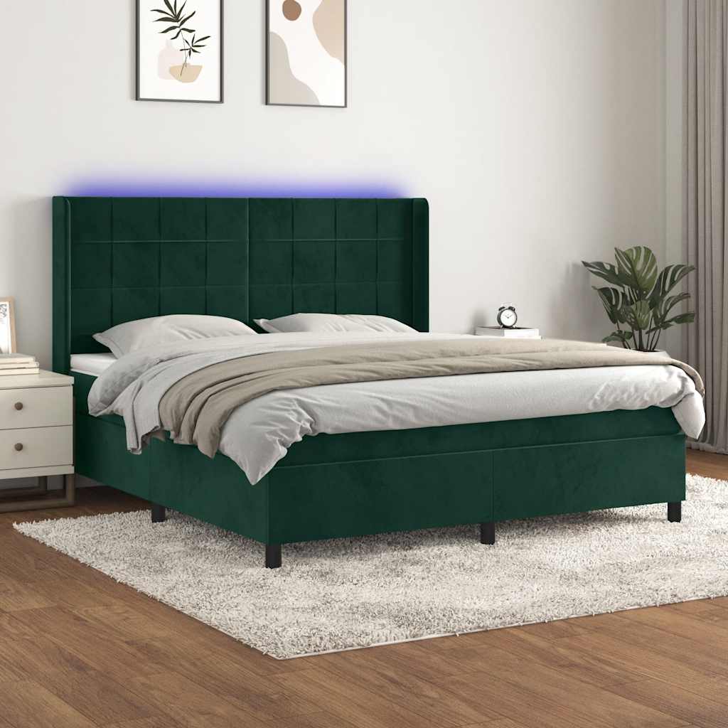 kontinentalseng med LED-lys 180x200 cm fløjl mørkegrøn