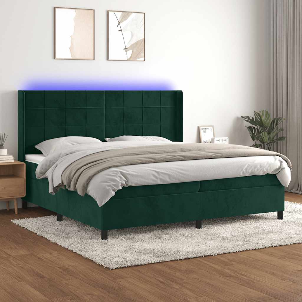 kontinentalseng med LED-lys 200x200 cm fløjl mørkegrøn
