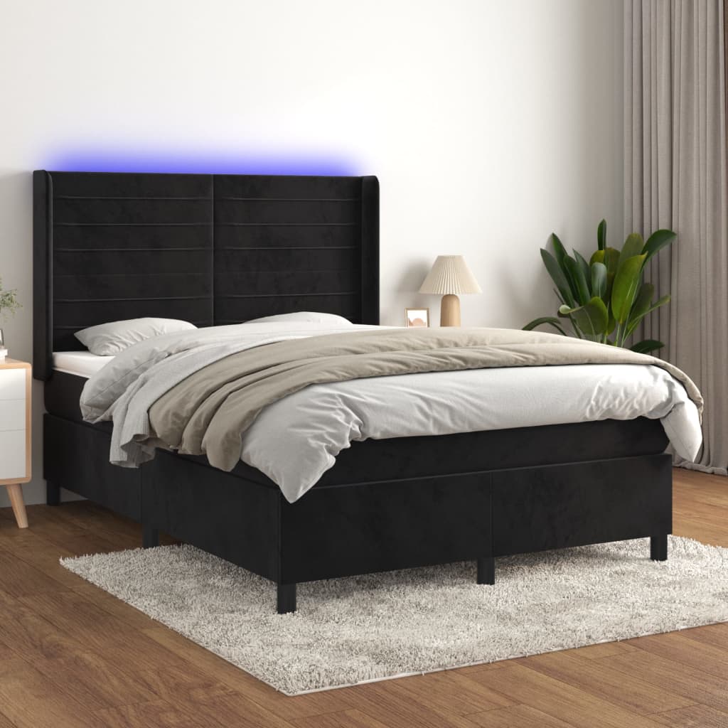 kontinentalseng med LED-lys 140x190 cm fløjl sort